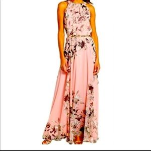 Eliza J Pink Black Floral Halter Casual Maxi Dress